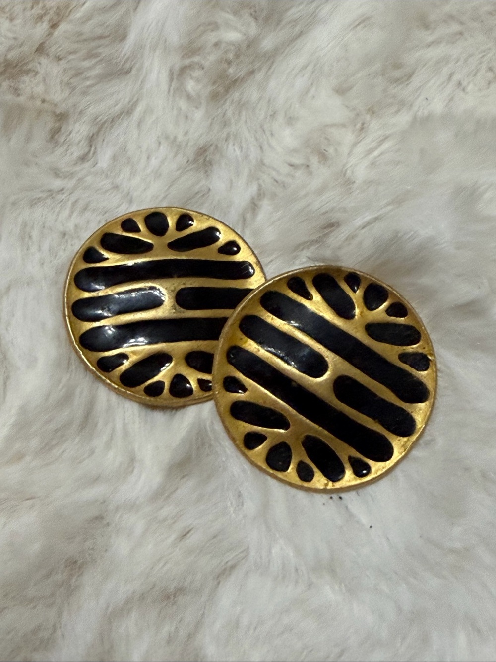 Vintage 1980s Gold and Black Round Abstract Cutout Earrings - Women Jewelry